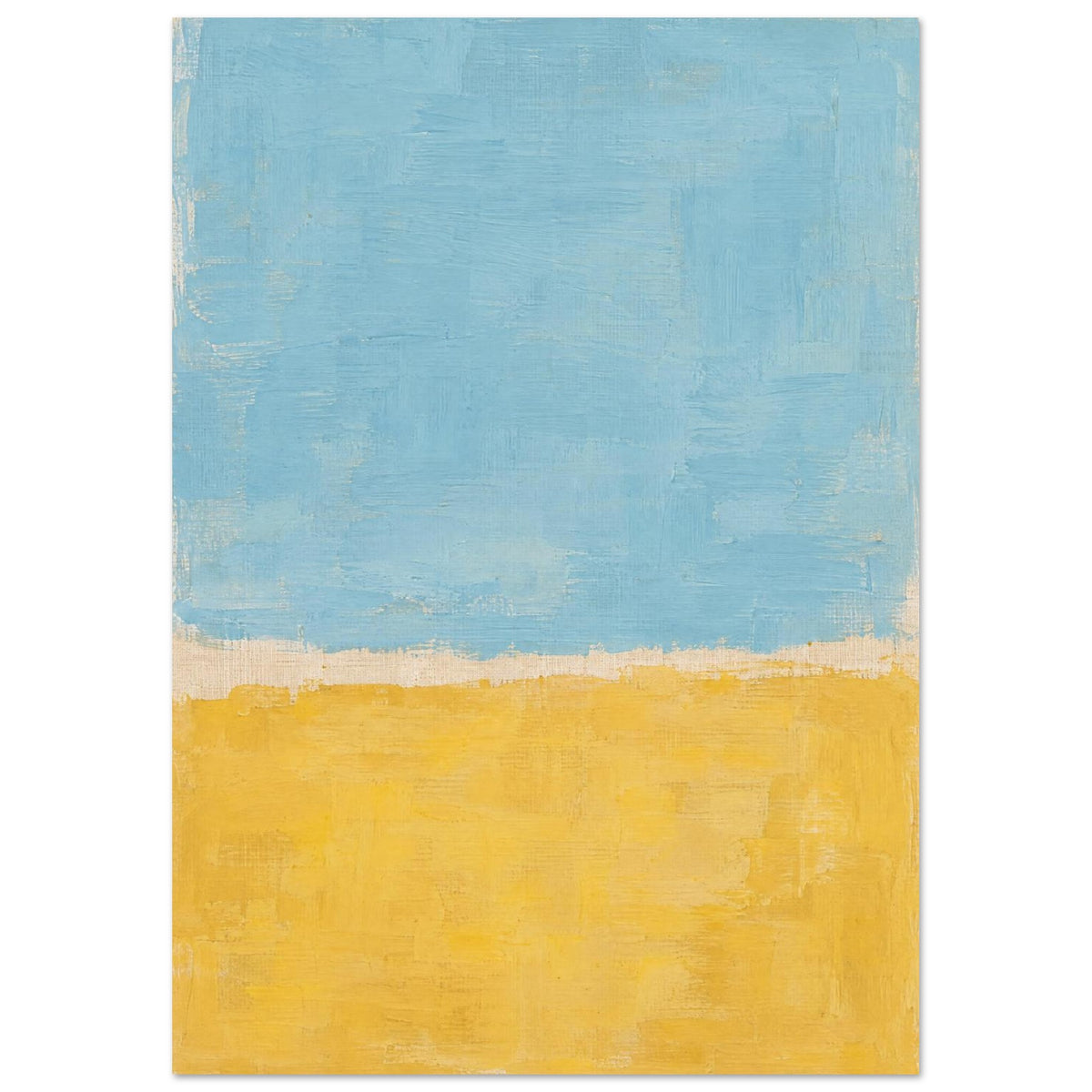 Abstract colour blocks with pale blue above warm yellow, textured brush marks and an uneven cream divide.