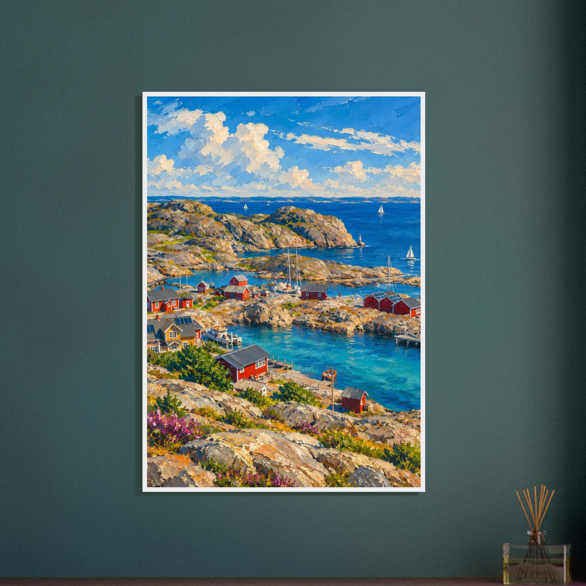 Rocky harbour with red cabins, wooden jetties and sailboats on blue water beneath cream clouds, with flowers in front.