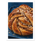 Twisted golden brown cinnamon bun topped with coarse white sugar on a deep blue tray, rendered with textured brushwork.