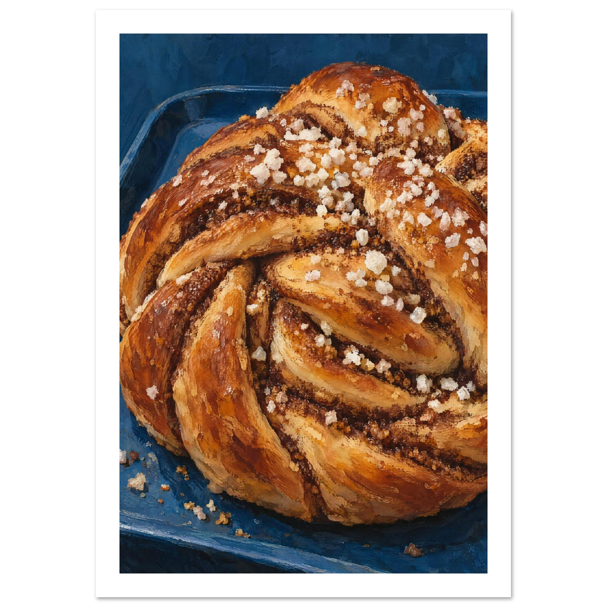 Twisted golden brown cinnamon bun topped with coarse white sugar on a deep blue tray, rendered with textured brushwork.