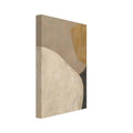 Abstract cream and ochre shapes with a curved charcoal band on a beige background, all with visible painterly texture.