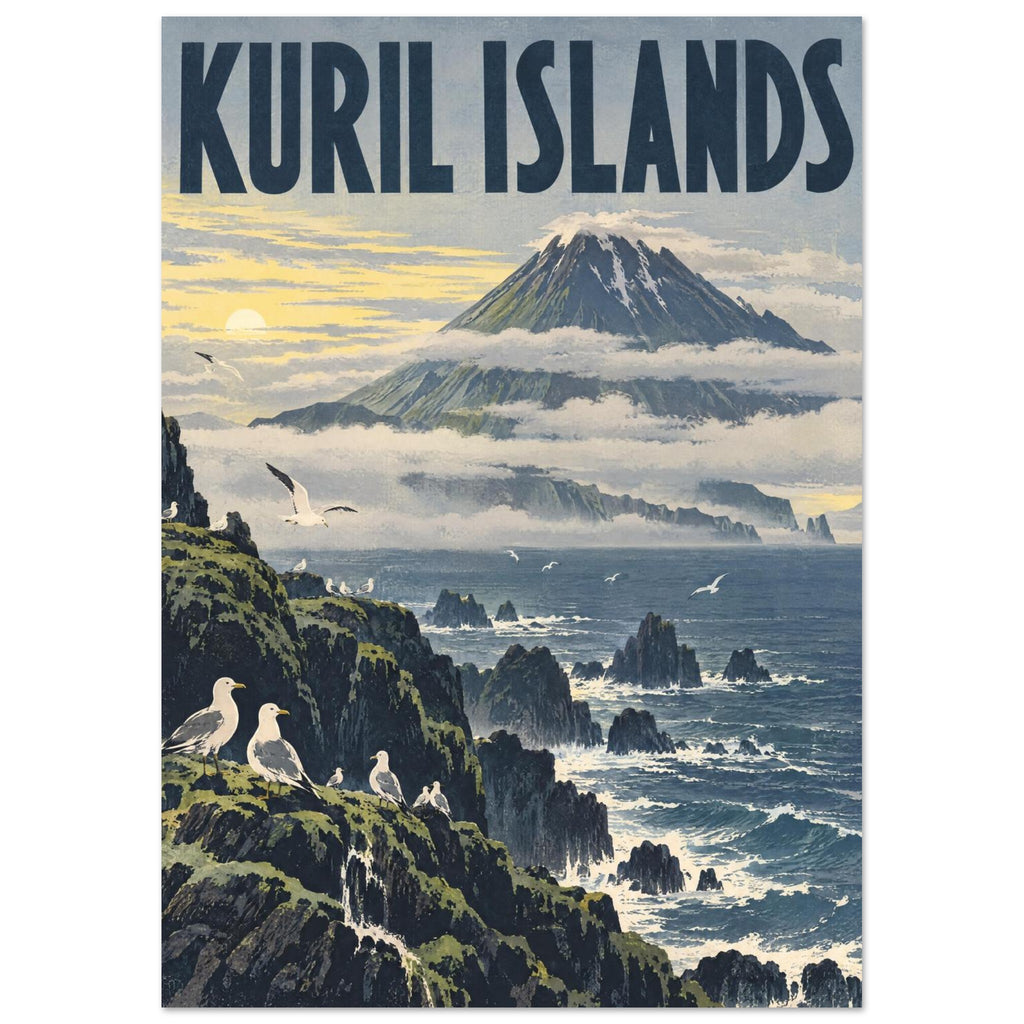 Kuril Islands lettering above a cloud-wrapped volcano, with gulls on rocky cliffs and waves breaking around sea stacks.