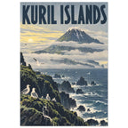 Kuril Islands lettering above a cloud-wrapped volcano, with gulls on rocky cliffs and waves breaking around sea stacks.