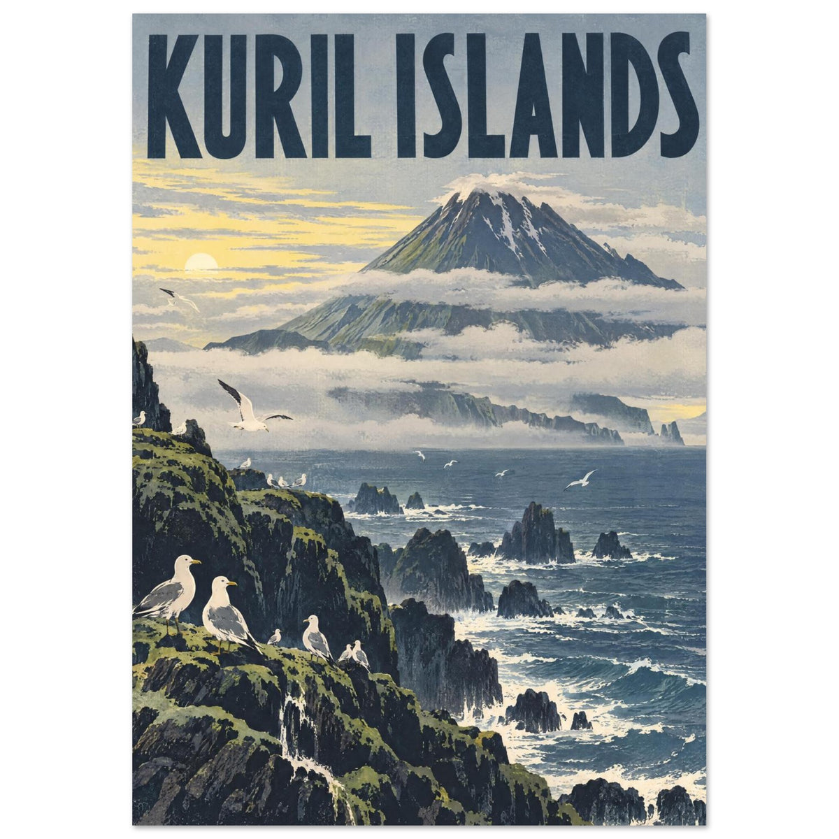 Kuril Islands lettering above a cloud-wrapped volcano, with gulls on rocky cliffs and waves breaking around sea stacks.