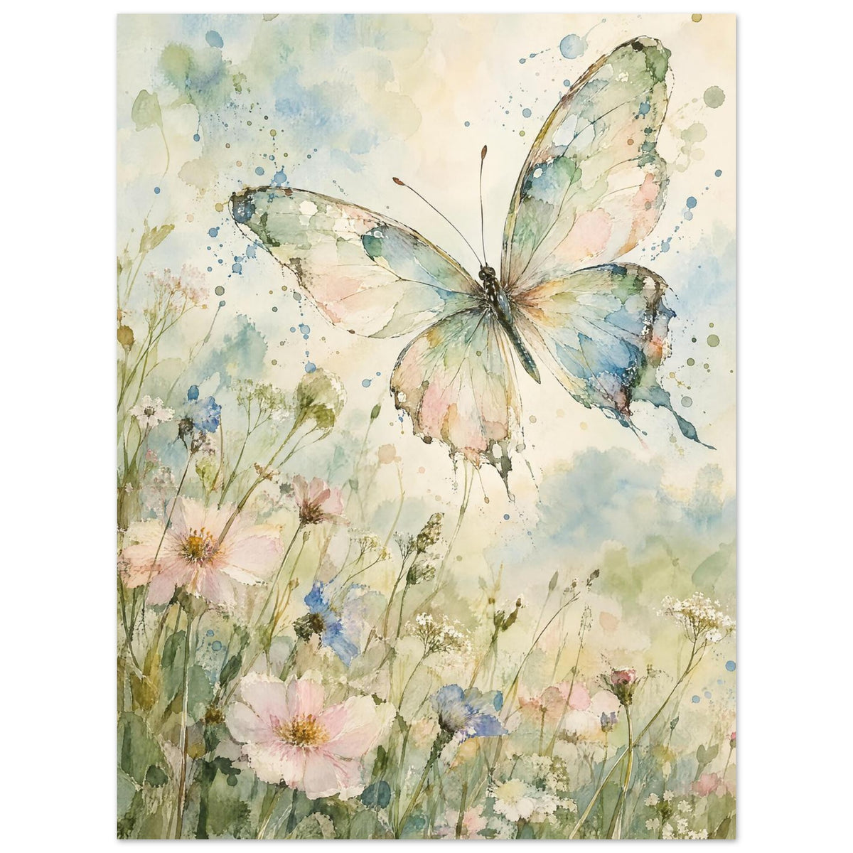 Pastel butterfly with spread wings above pink, blue and white wildflowers in soft green and blue watercolour washes.