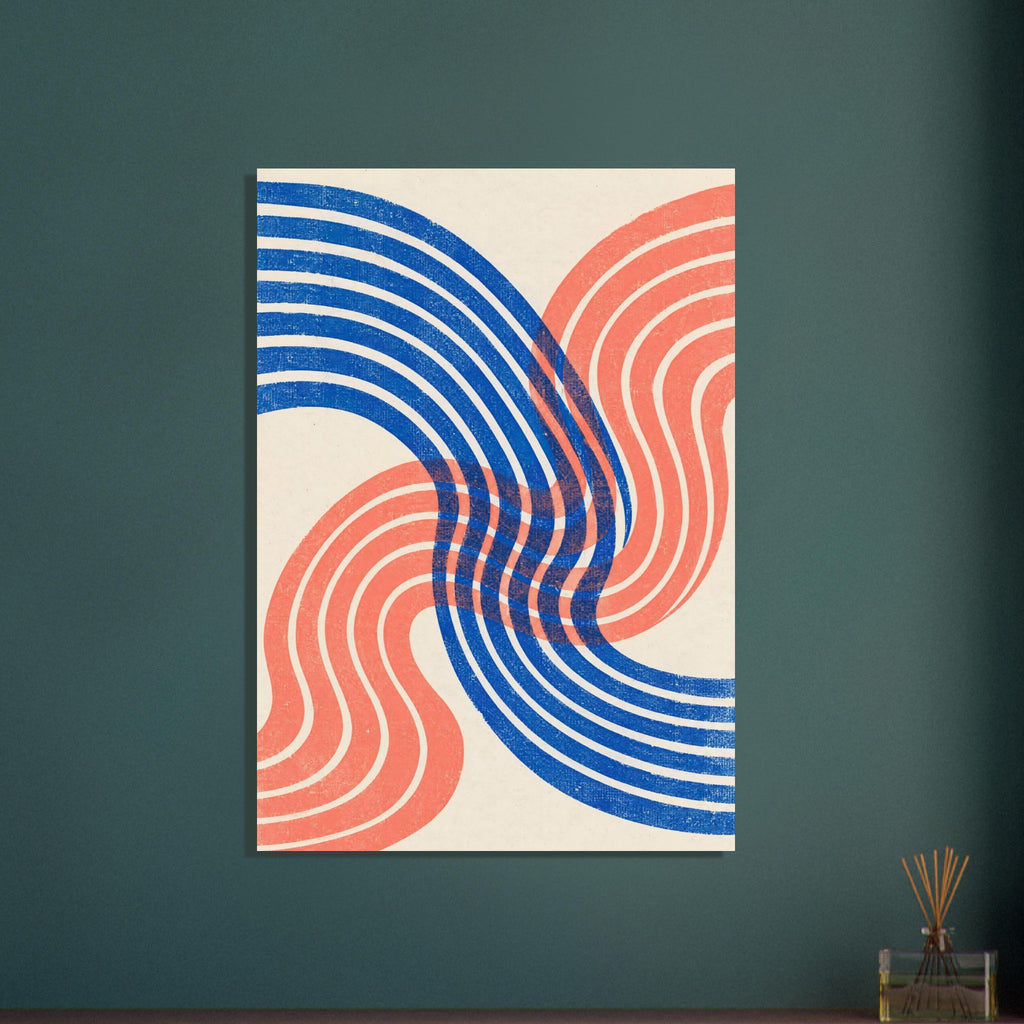 Blue and coral curved bands overlap across a cream background, with a distressed texture throughout.