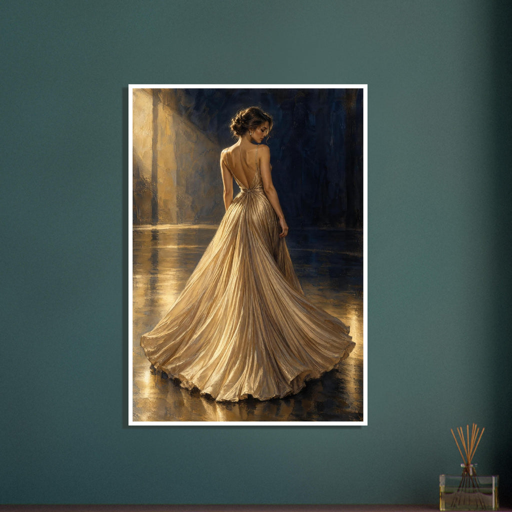 Woman seen from behind in a flowing gold pleated gown, with warm floor reflections and a dark navy background.
