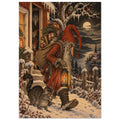 Christmas gnome in a red hat carrying a lantern and gifts through snow, with a striped cat and smaller gnomes nearby.