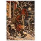 Christmas gnome in a red hat carrying a lantern and gifts through snow, with a striped cat and smaller gnomes nearby.
