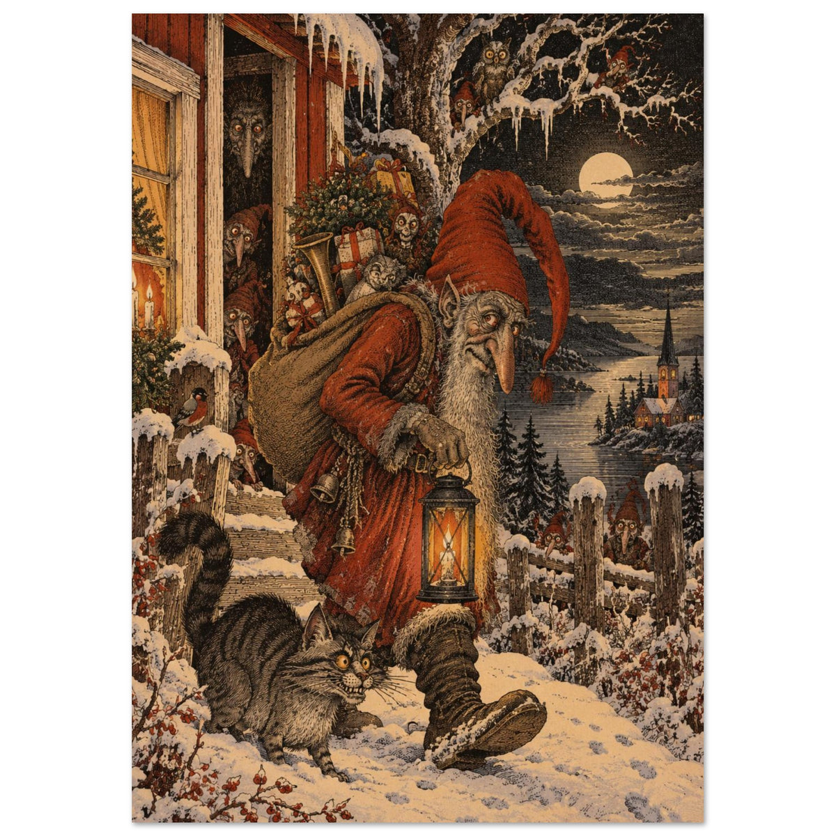 Christmas gnome in a red hat carrying a lantern and gifts through snow, with a striped cat and smaller gnomes nearby.