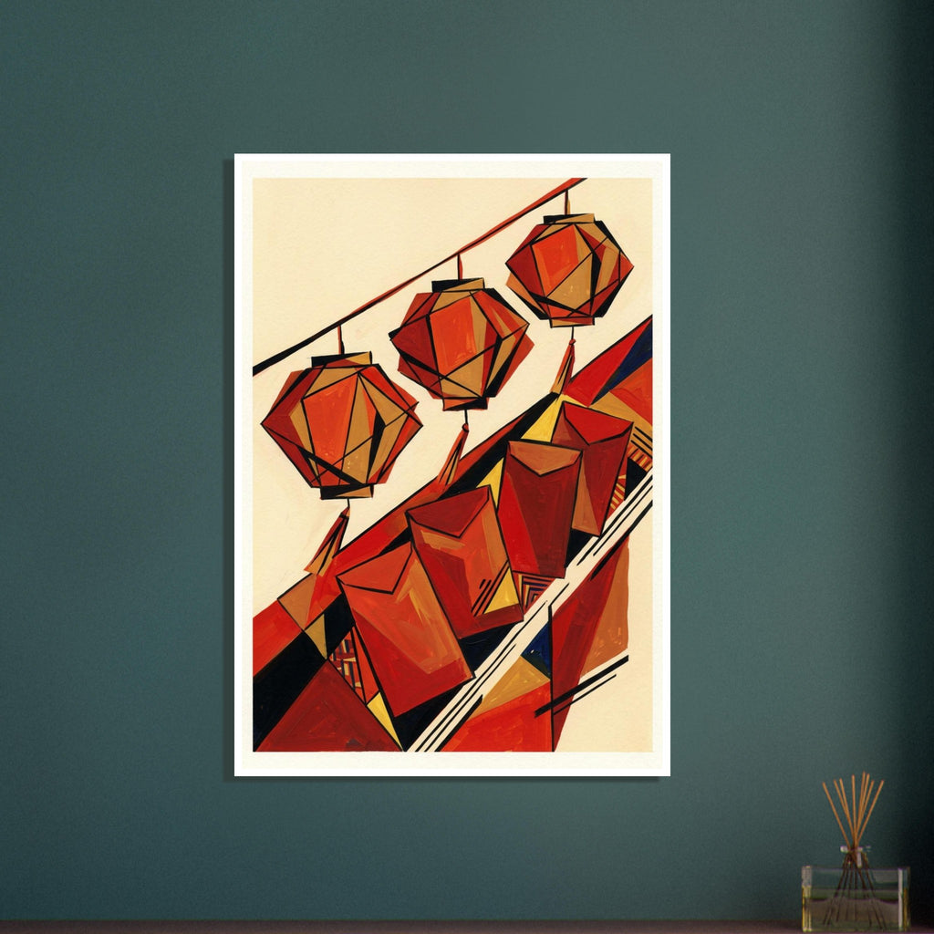 Three angular red and ochre lanterns hang above red envelopes, with bold black outlines and diagonal bands on cream.