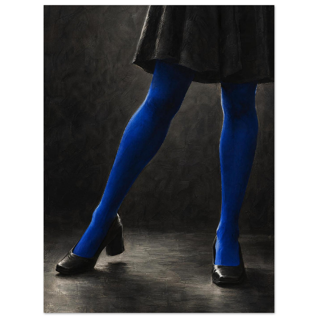 Cobalt Stockings, cropped legs in blue tights and black shoes forming an angular pose against a charcoal studio background.