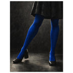Cobalt Stockings, cropped legs in blue tights and black shoes forming an angular pose against a charcoal studio background.