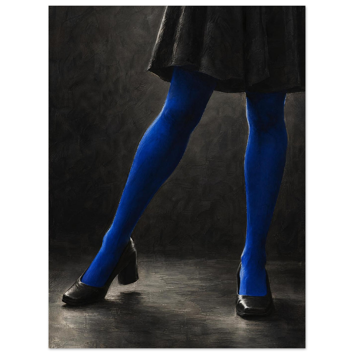 Cobalt Stockings, cropped legs in blue tights and black shoes forming an angular pose against a charcoal studio background.