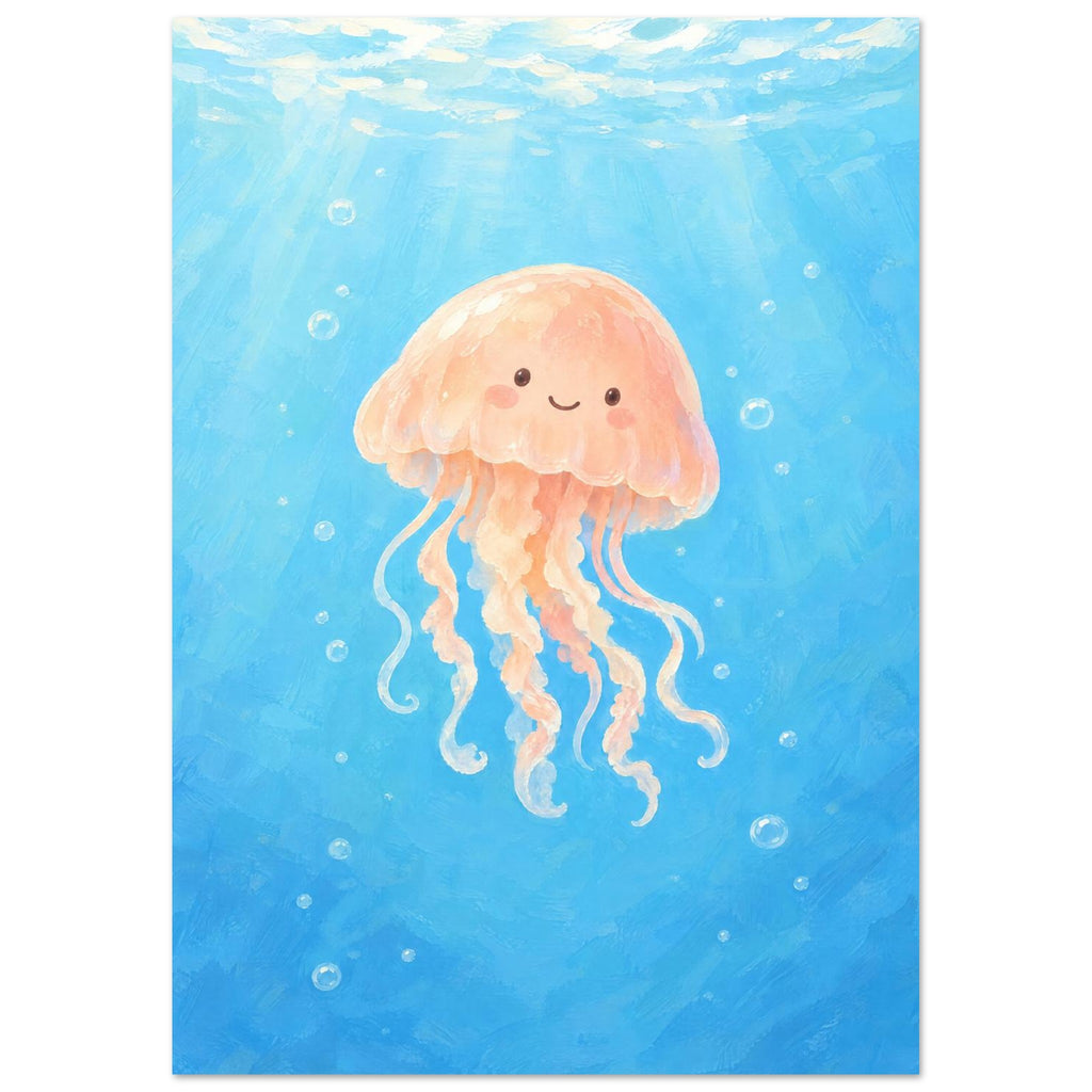 Smiling peach jellyfish with curling tentacles floating in blue water, surrounded by bubbles beneath a sunlit surface.