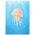 Smiling peach jellyfish with curling tentacles floating in blue water, surrounded by bubbles beneath a sunlit surface.