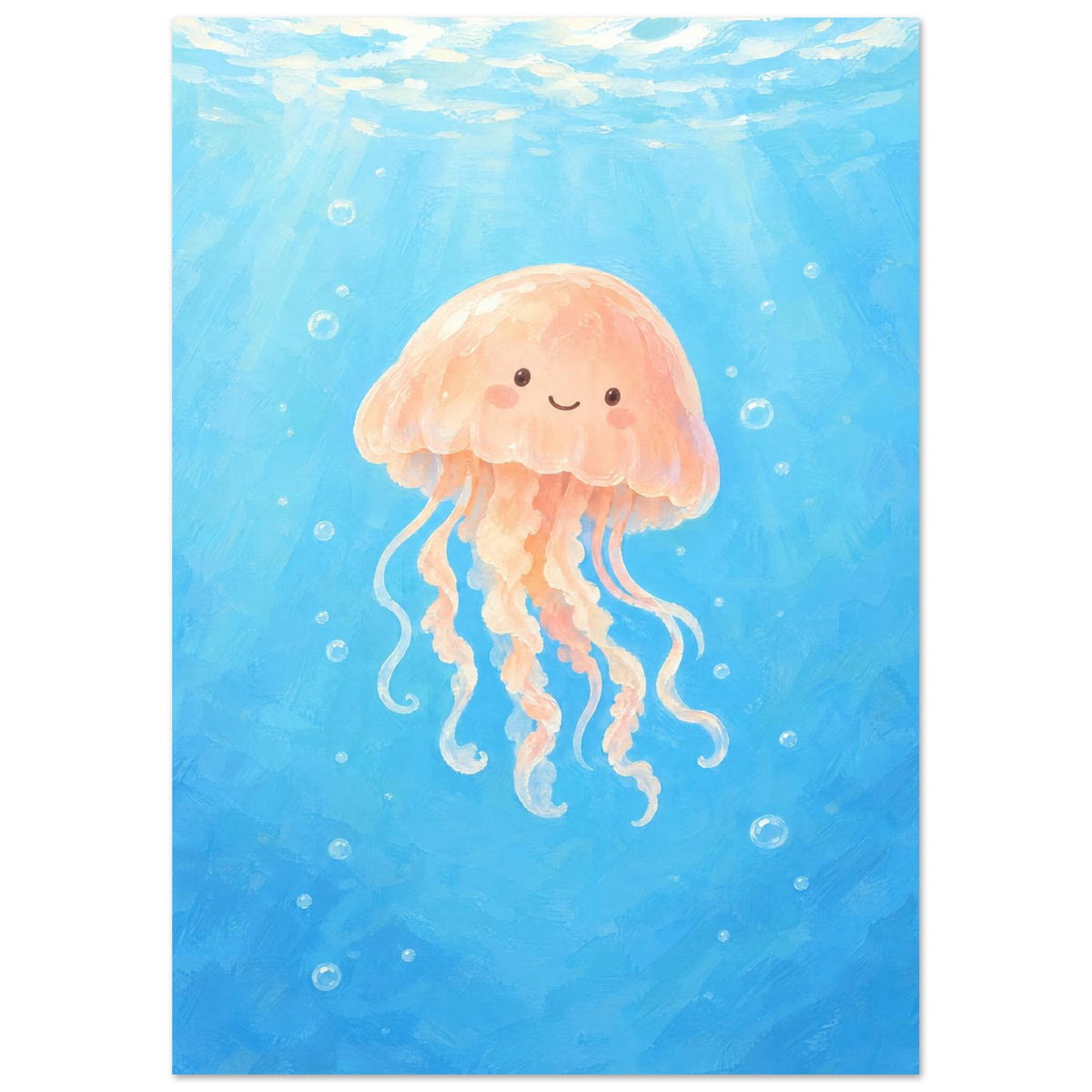Smiling peach jellyfish with curling tentacles floating in blue water, surrounded by bubbles beneath a sunlit surface.