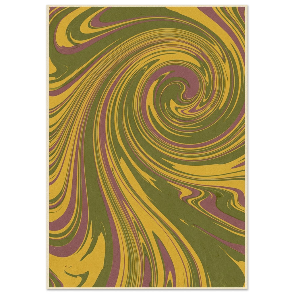 Marbled ribbons of olive green, mustard yellow and muted plum curl into a spiral within a narrow cream border.