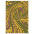 Marbled ribbons of olive green, mustard yellow and muted plum curl into a spiral within a narrow cream border.