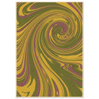 Marbled ribbons of olive green, mustard yellow and muted plum curl into a spiral within a narrow cream border.
