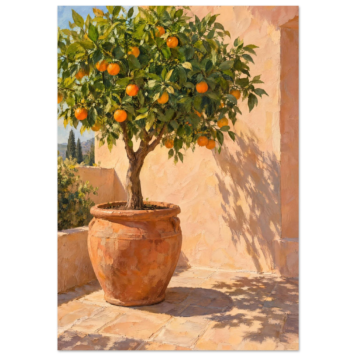 Orange tree in a terracotta pot on sunlit courtyard paving, with leafy shadows cast across a peach wall.