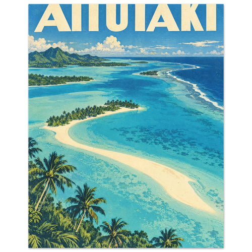 Aitutaki lagoon with turquoise water, cream sandbanks, green palms and distant hills beneath large cream AITUTAKI lettering.