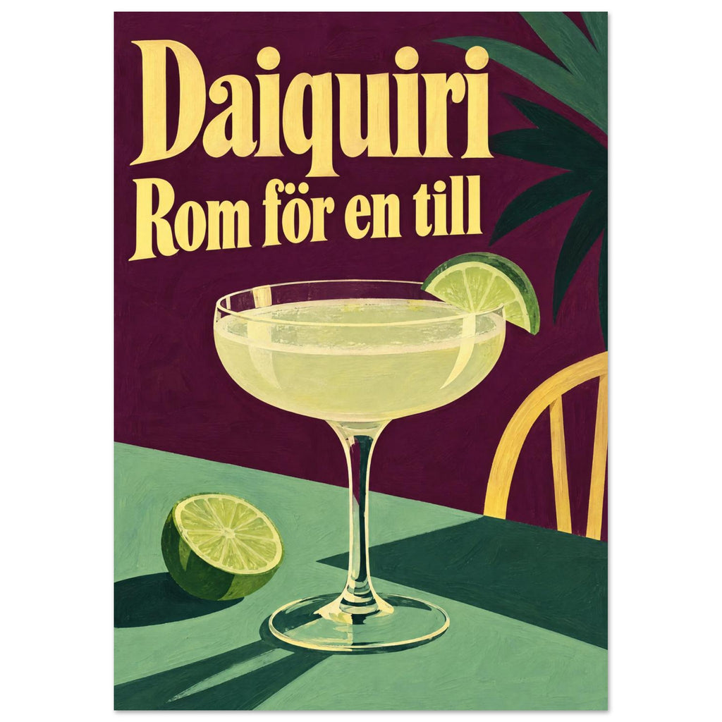 Daiquiri i ett brett cocktailglas på ett geometriskt bord med lime och texten Rom för en till.