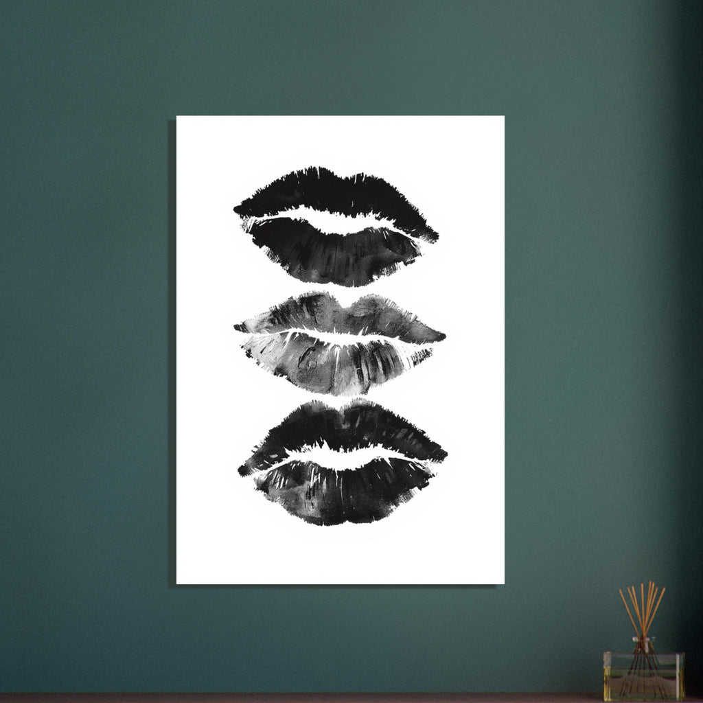 Three black and grey lip impressions stacked vertically on a white background, with textured edges and visible creases.