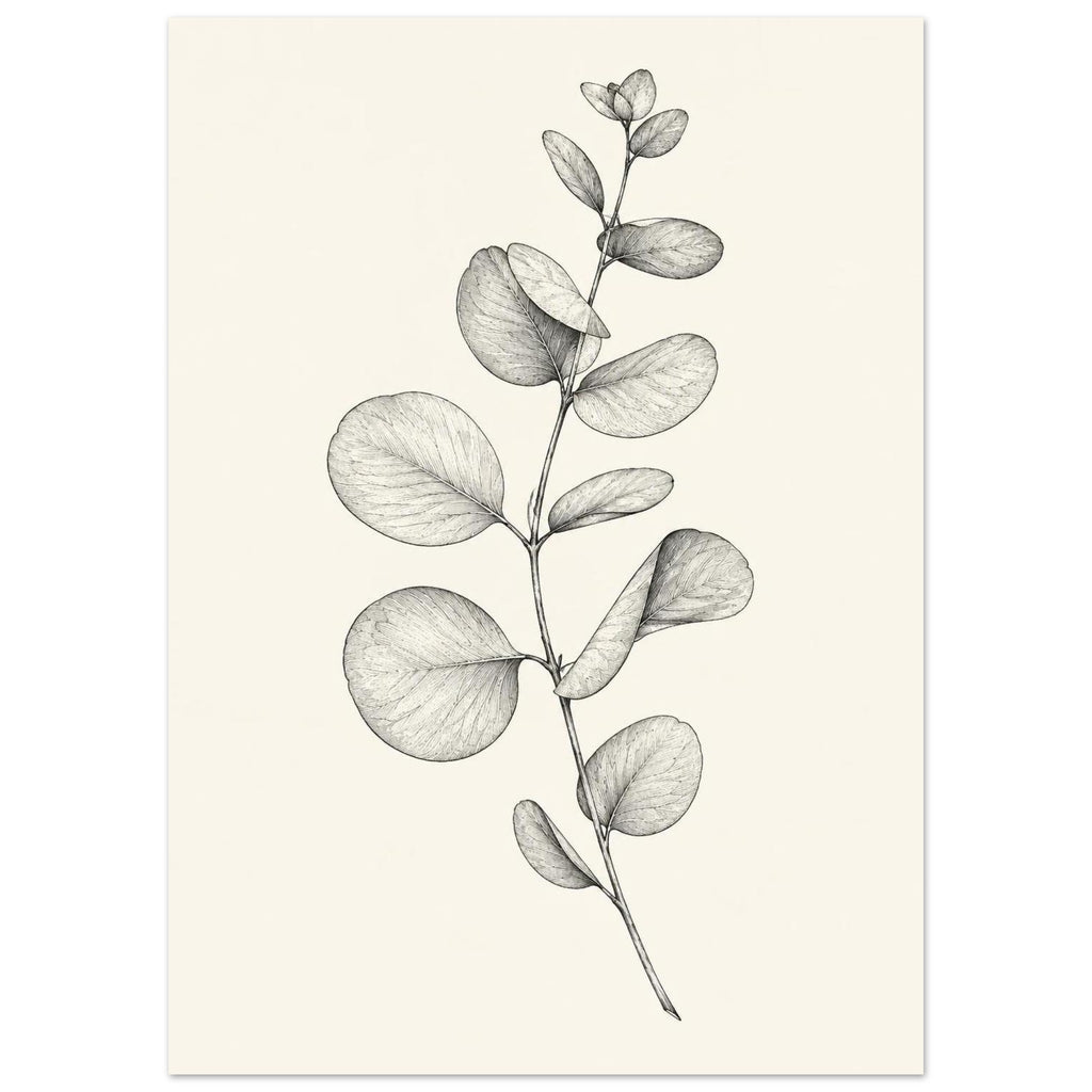 Eucalyptus stem with rounded leaves, fine veins and shaded folds drawn in black and grey on a cream background.
