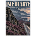 Isle of Skye poster with cream lettering, rainy mountain peaks, purple heather and a winding wet road beside water.