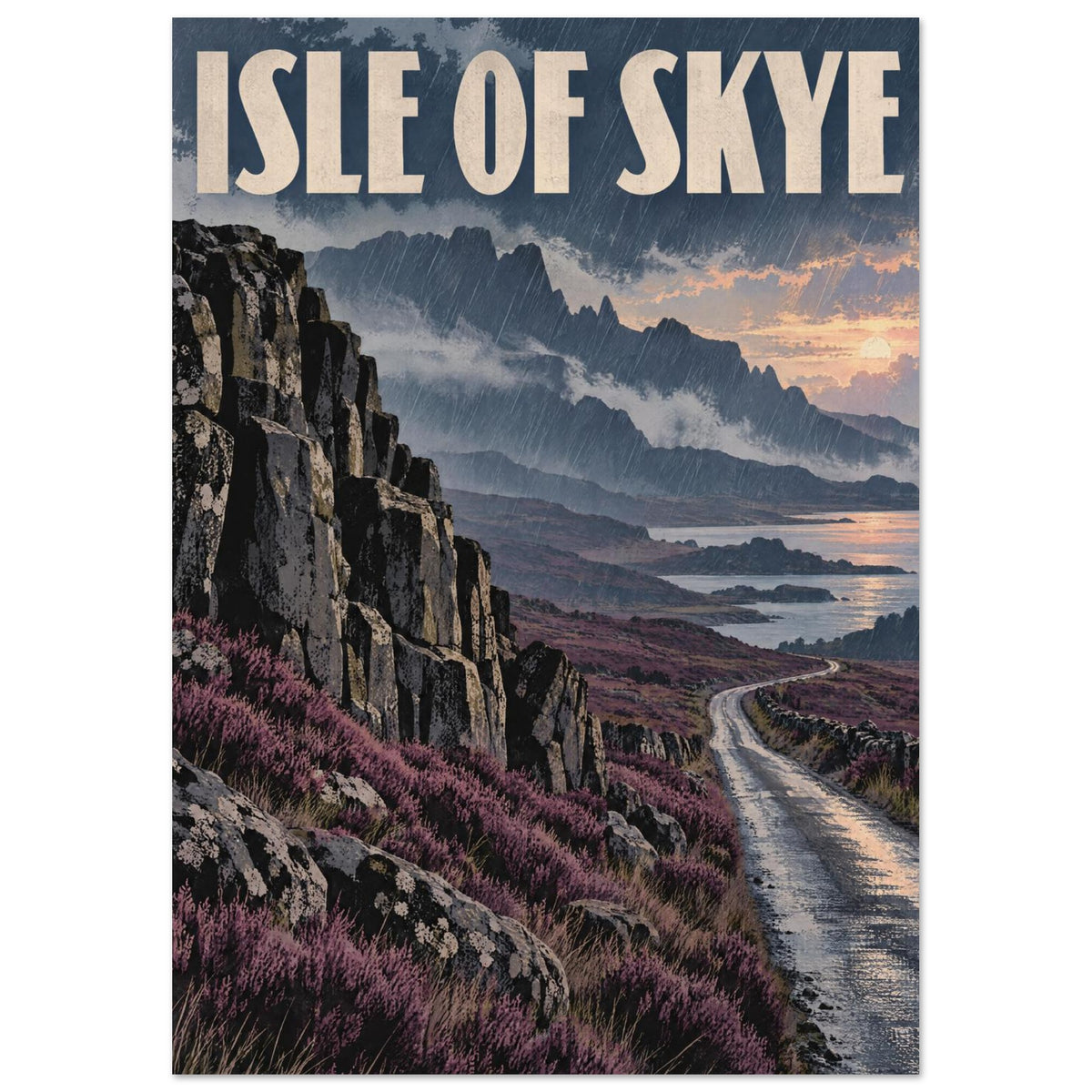 Isle of Skye poster with cream lettering, rainy mountain peaks, purple heather and a winding wet road beside water.