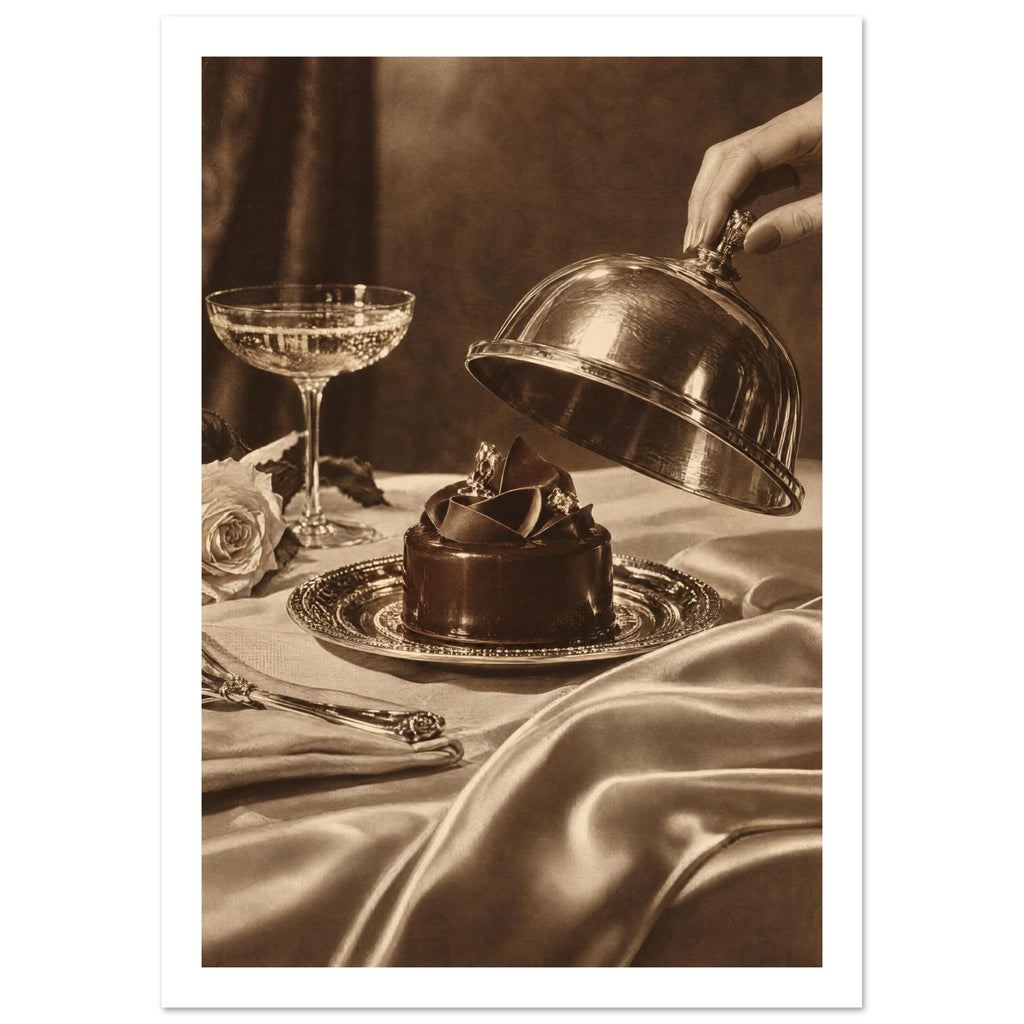 Chocolate cake on an ornate plate beneath a hand lifting a cloche, with a glass, rose and draped fabric in sepia tones.