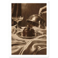 Chocolate cake on an ornate plate beneath a hand lifting a cloche, with a glass, rose and draped fabric in sepia tones.