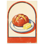 Round loaf and yellow butter on a blue-rimmed plate, with an orange-red arch border and textured cream background.