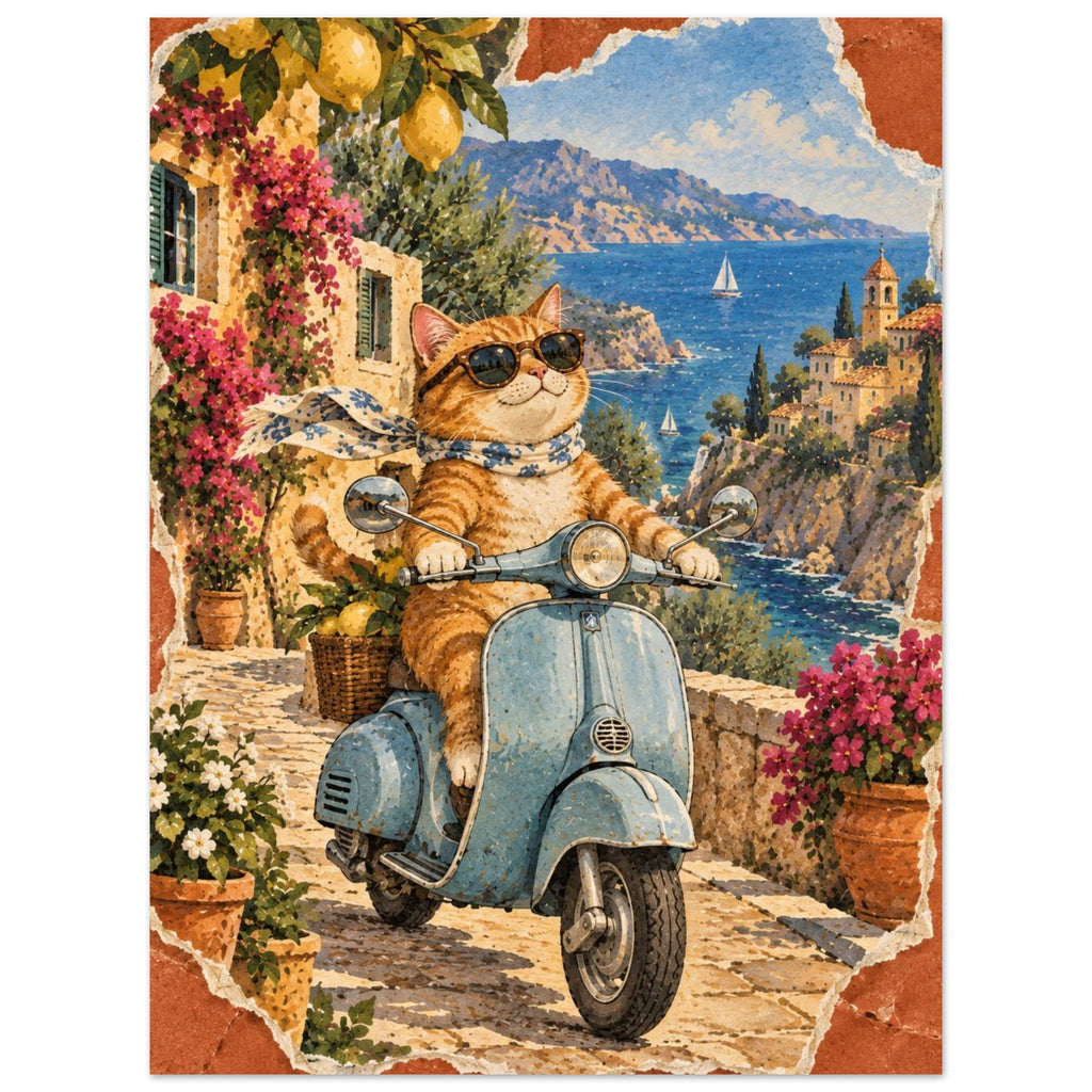 Ginger cat in sunglasses and a scarf on a blue scooter, with lemons, flowers, coastal buildings and sailboats behind.