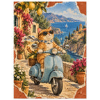 Ginger cat in sunglasses and a scarf on a blue scooter, with lemons, flowers, coastal buildings and sailboats behind.