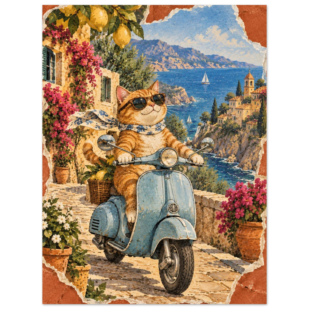 Ginger cat in sunglasses and a scarf on a blue scooter, with lemons, flowers, coastal buildings and sailboats behind.