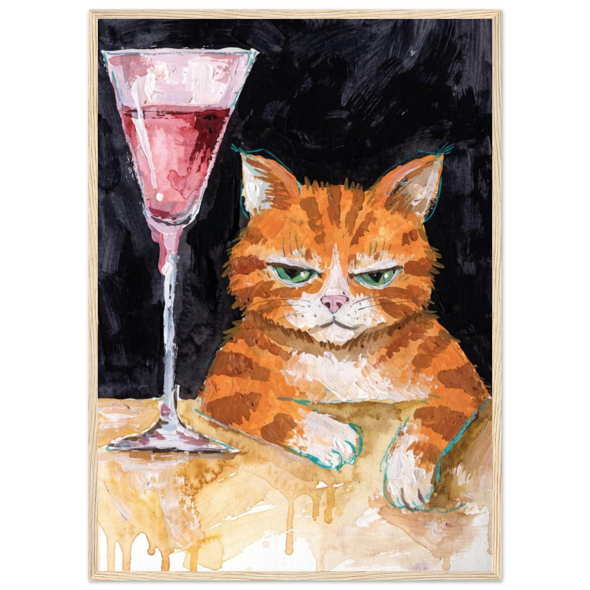 Ginger cat with green eyes resting its white paws on a golden table beside a tall glass of pink liquid, on black.