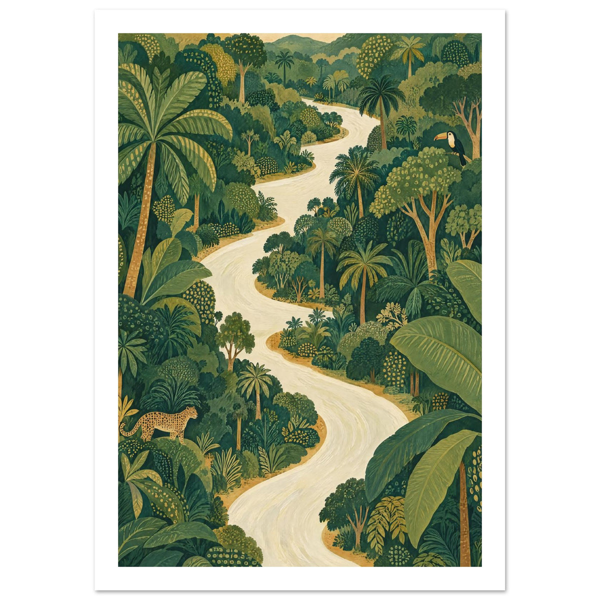 Jungle River Green Landscape Art Print – White Border