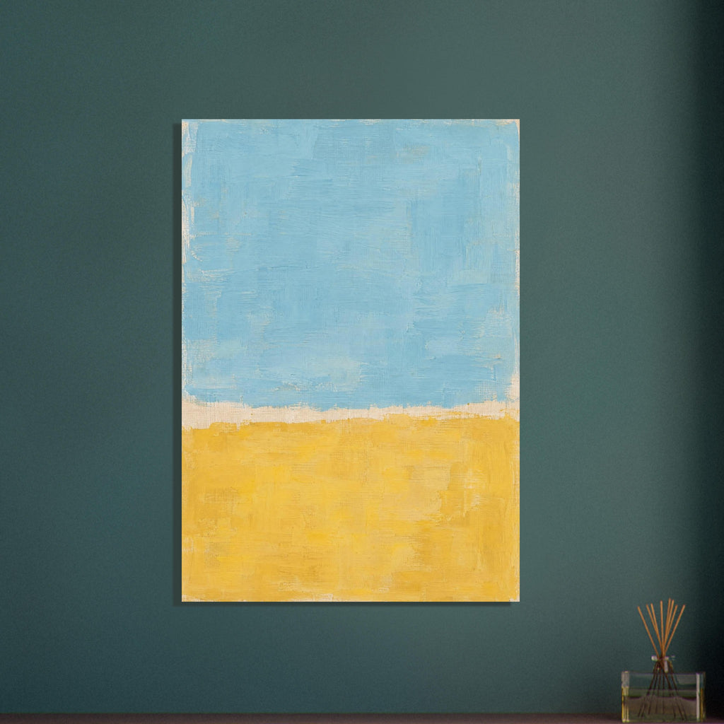 Abstract colour blocks with pale blue above warm yellow, textured brush marks and an uneven cream divide.