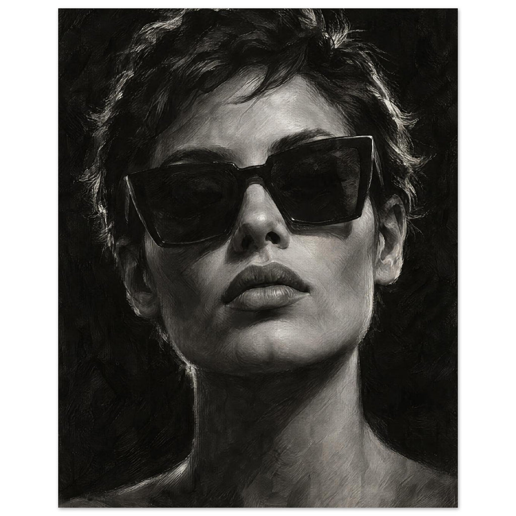 Behind the Sunglasses, a tightly cropped frontal face wearing large geometric sunglasses, with rim-lit short hair against bla