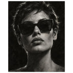 Behind the Sunglasses, a tightly cropped frontal face wearing large geometric sunglasses, with rim-lit short hair against bla