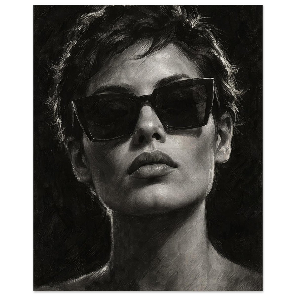 Behind the Sunglasses, a tightly cropped frontal face wearing large geometric sunglasses, with rim-lit short hair against bla