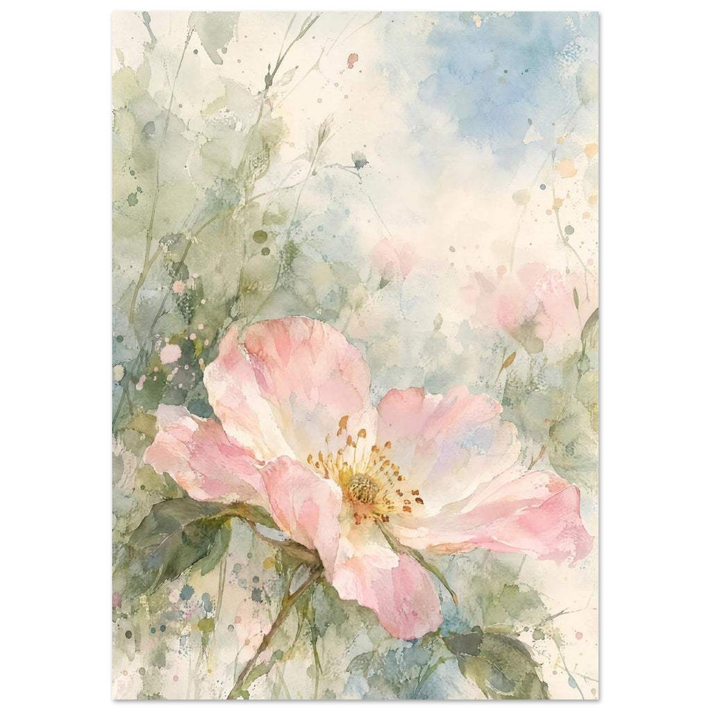 Open pink wild rose with a golden centre and green leaves against loose pale blue, sage and cream watercolour washes.