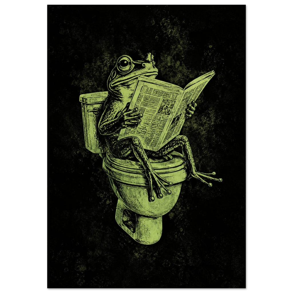 Green frog sitting on a toilet reading a newspaper, illustrated with etched-style lines on a textured black background.