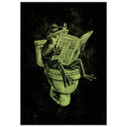Green frog sitting on a toilet reading a newspaper, illustrated with etched-style lines on a textured black background.