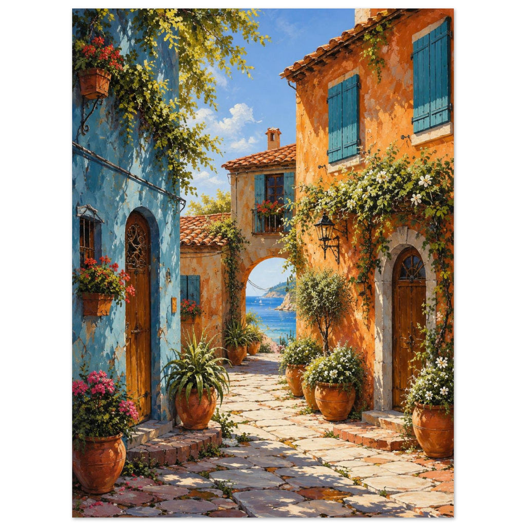 Coastal village lane with blue and orange buildings, potted flowers and a stone archway opening onto a sea view.