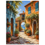 Coastal village lane with blue and orange buildings, potted flowers and a stone archway opening onto a sea view.