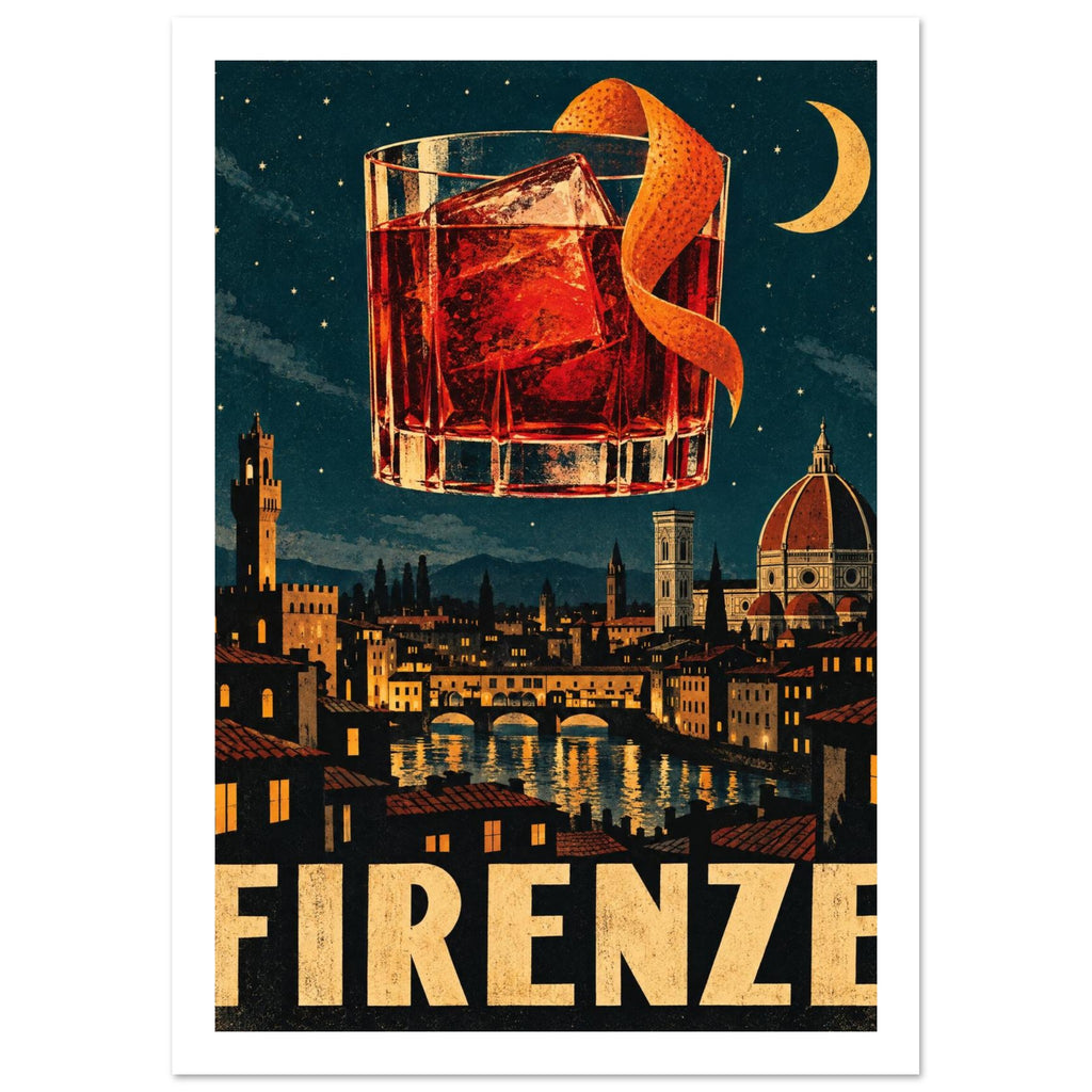 Red cocktail with ice and orange peel above a moonlit city skyline and river, with large cream FIRENZE lettering below.