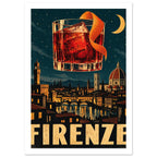 Red cocktail with ice and orange peel above a moonlit city skyline and river, with large cream FIRENZE lettering below.